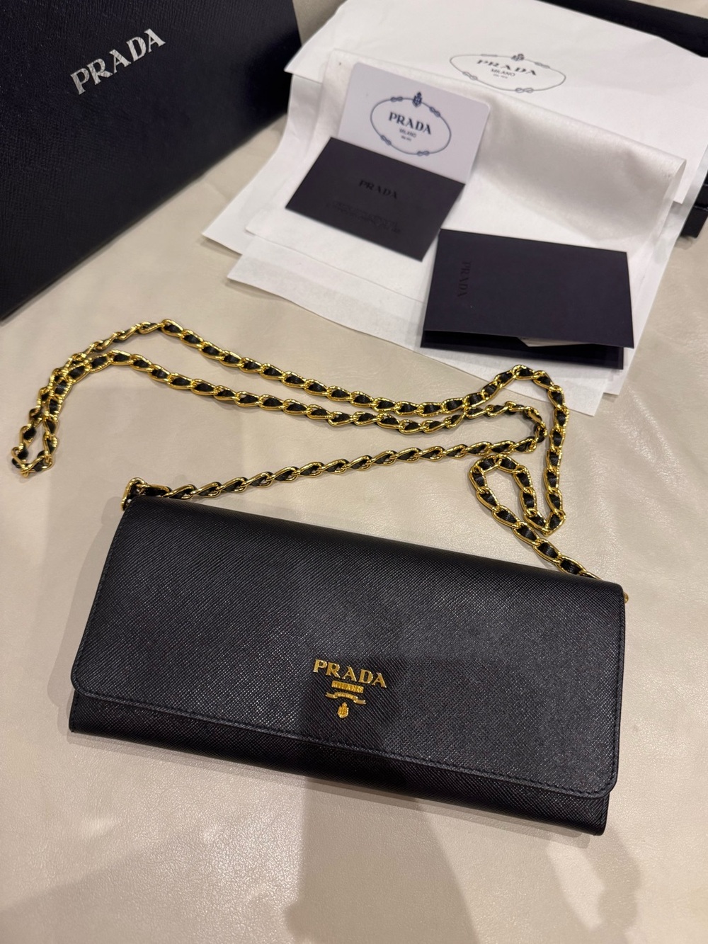 [Authentic] Prada Black Saffiano Leather Wallet on Chain with Gold Hardware